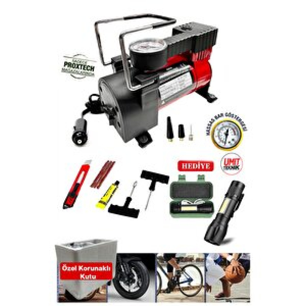 Proxtech Premium Pratik 12 V Araba Oto Araç Lastik Şişirme Pompası 150 Psi Metal Gövde Kompresör Combo Set Lastik Tamir & Bakım Fiyatı