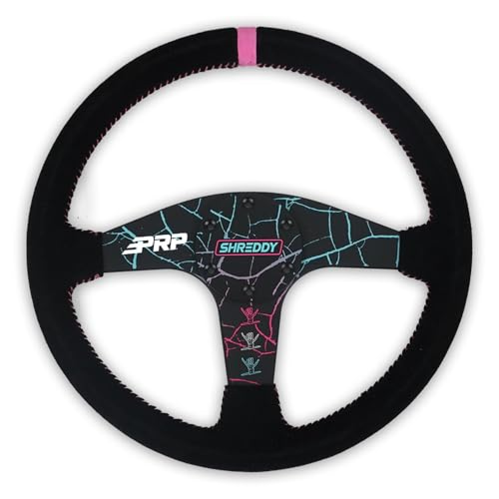 PRP Seats Shreddy Flat Suede Grip Steering Wheel for Off-Road Racing – Features High-Strength Aluminum, Moisture-Resistant Suede, 6 Point Bolt Pattern, 13” Dia x 1.5” Dish (Cracked and Pink)