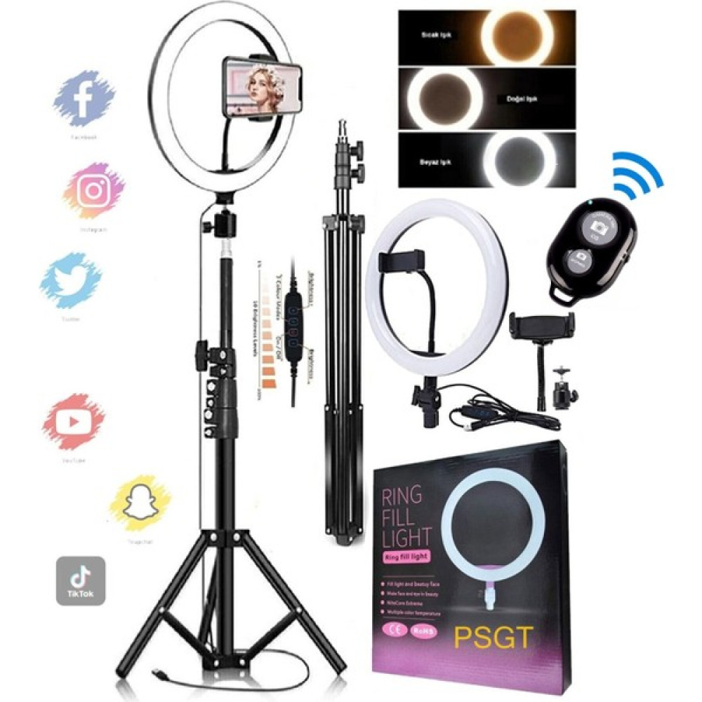 PSGT Kumandalı Youtuber Tiktok Çekim Işıklı Telefon Tutucu Makyaj Işığı Ring Light 10 Inç 2.1 M Video Kamera Aksesuarları Fiyatı