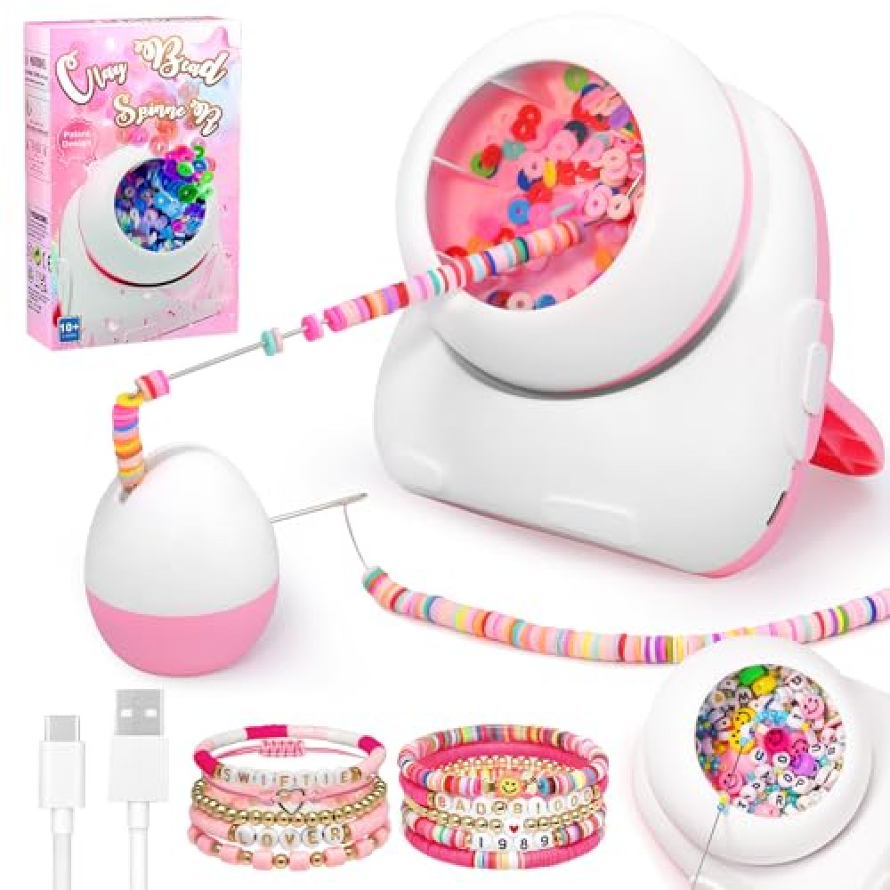Pskfvre Electric Bead Spinner for Jewelry Making, 2-in-1 Cordless Seed Bead and Clay Bead Spinner Kits, Bracelet Spinner and Necklace Making Machine with 2 Bead Needles, Pink (Beads Included)