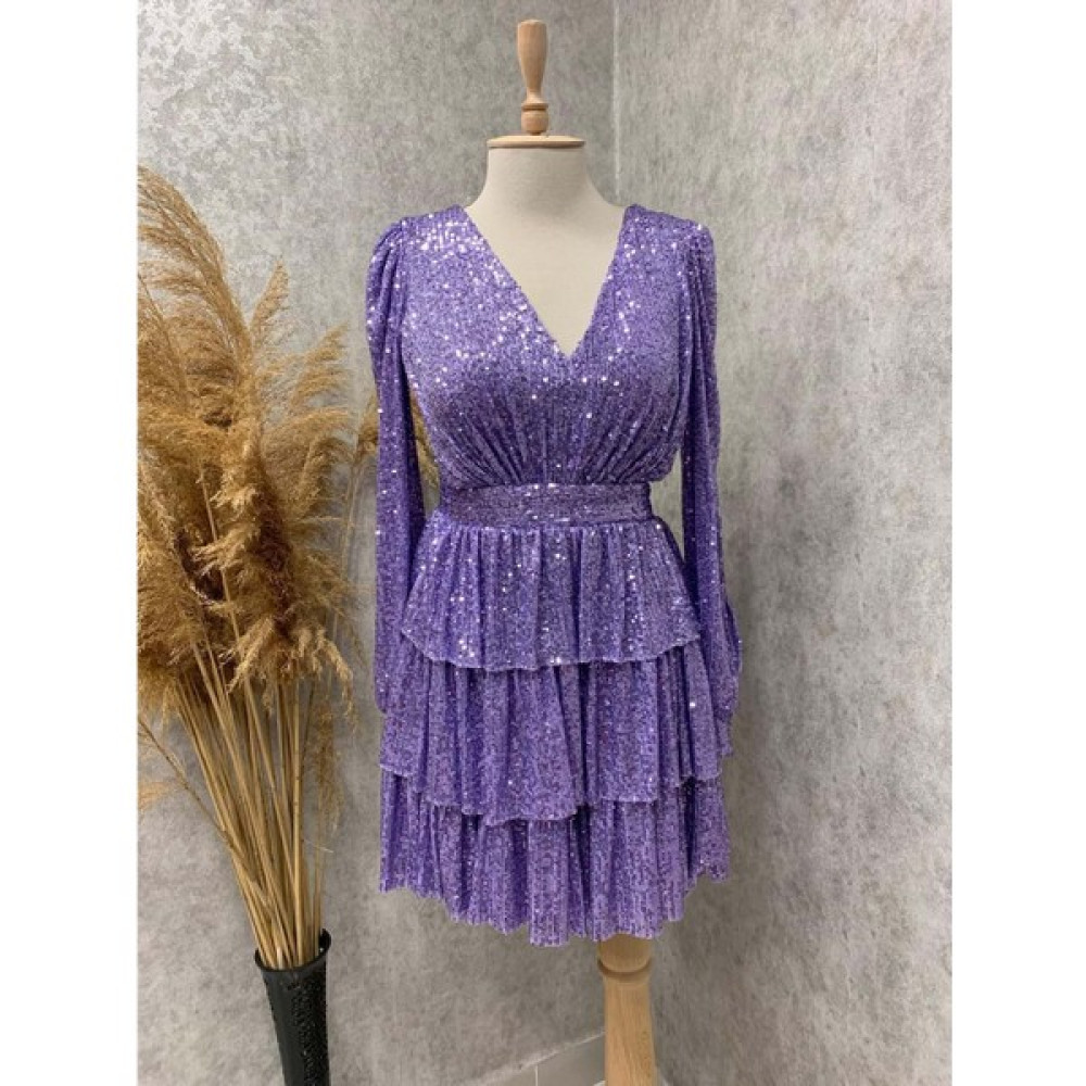 Puane 23Y1478 Dans Abiye Payetli Sırt Bağcıklı - Puane - 23Y1478 - Lila - 42 Elbise Fiyatı