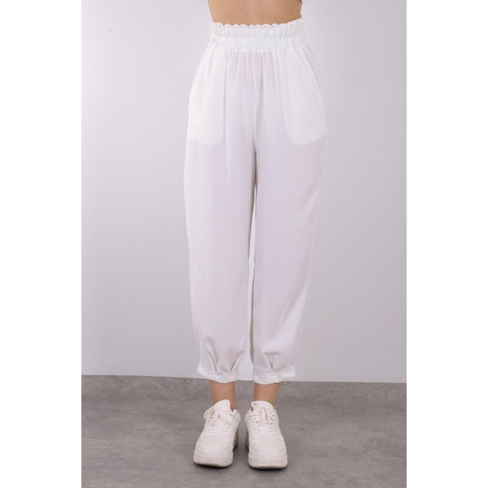 Puane Kadın Trousers Beli Lastikli Paça Pile Detay Aerobin Havuç Pantolon Puane 18104 Ecru Kadın Pantolon Fiyatı
