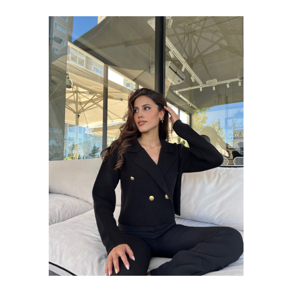 Puella Kadın Altın Düğmeli Triko Crop Hırka Siyah Blazer Ceket STD Beden Kadın Hırka Fiyatı