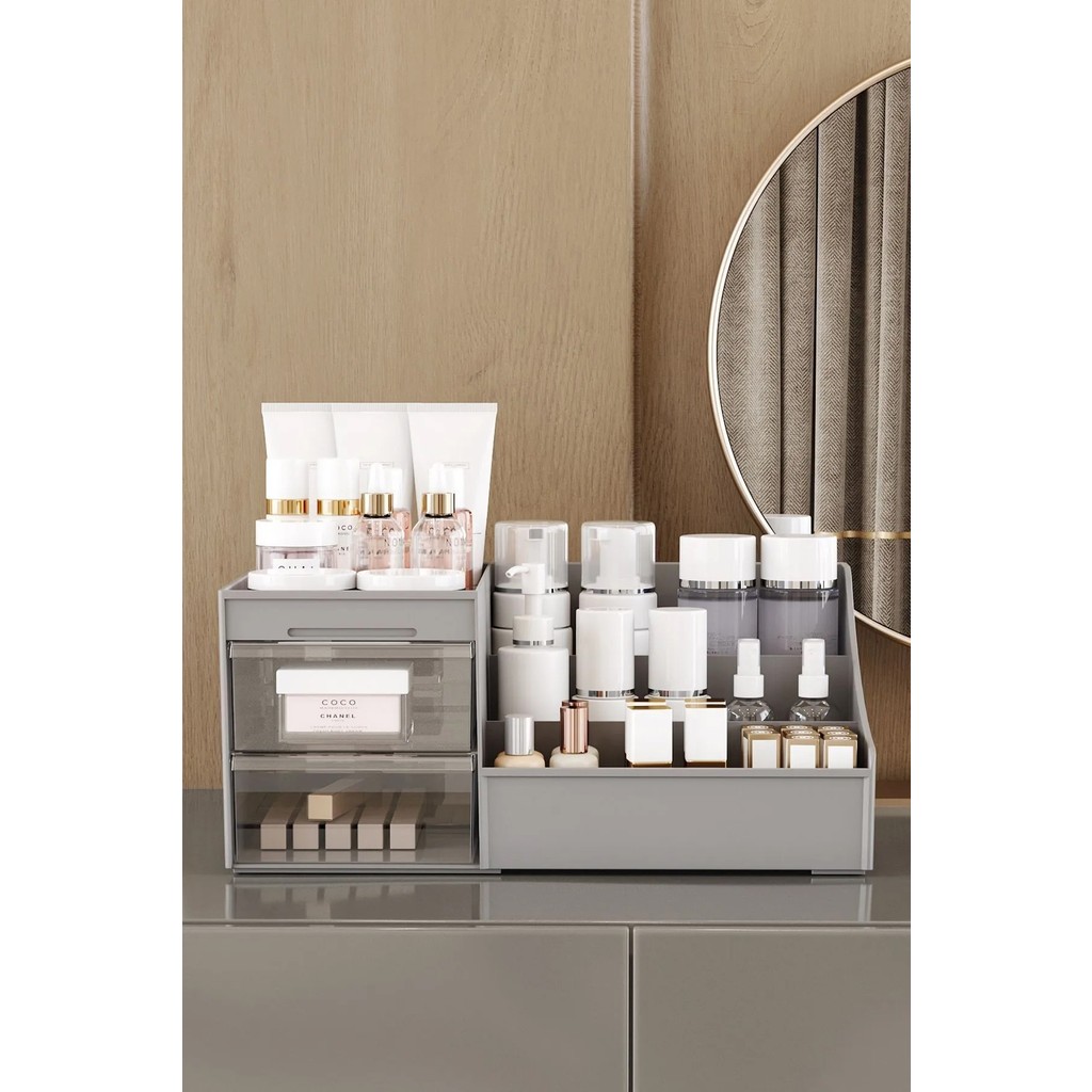 Pufwin Home Elegance Kozmetik Organizer (XL-35CM) Çekmeceli Masaüstü Makyaj Takı Parfüm Düzenleyici -Şeffaf Kapaklı - Gri Parfümler Fiyatı