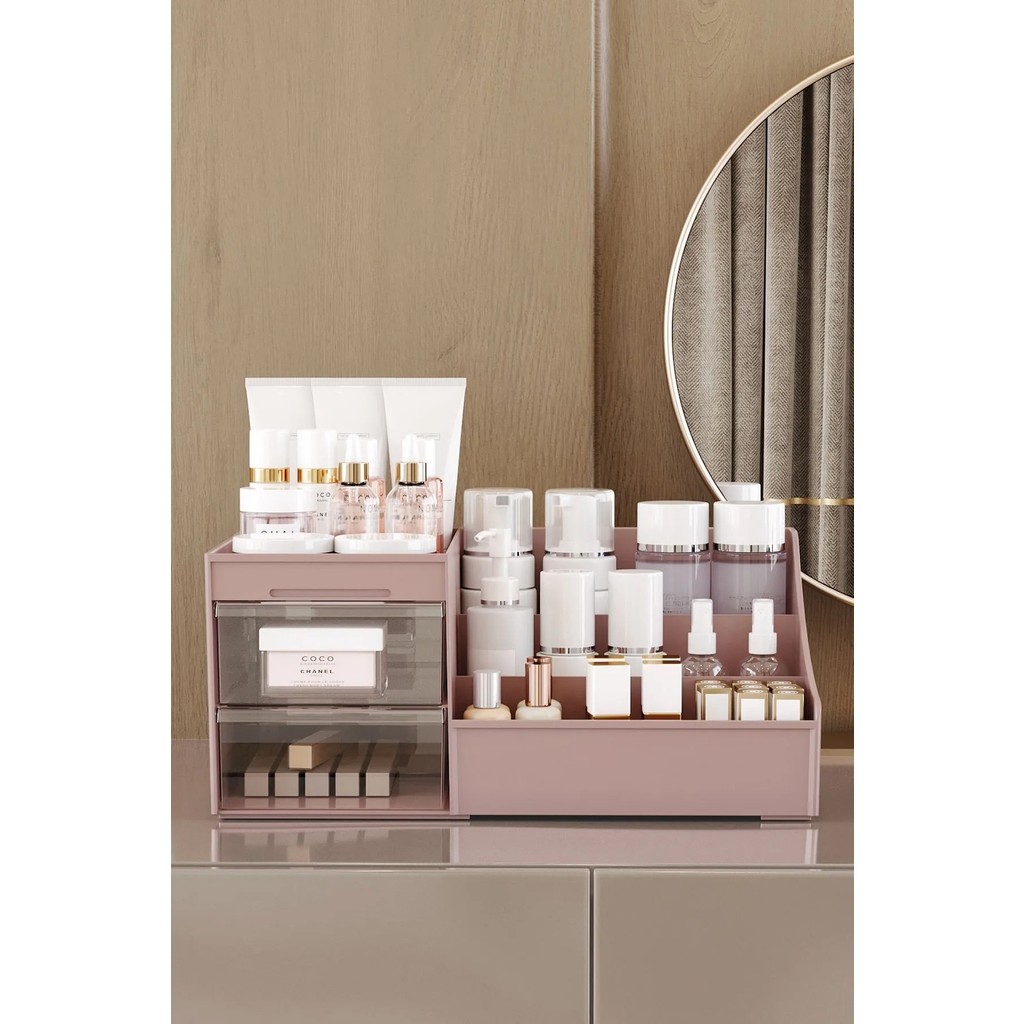 Pufwin Home Elegance Kozmetik Organizer (XL-35CM) Çekmeceli Masaüstü Makyaj Takı Parfüm Düzenleyici -Şeffaf Kapaklı - Rose Gold Parfümler Fiyatı