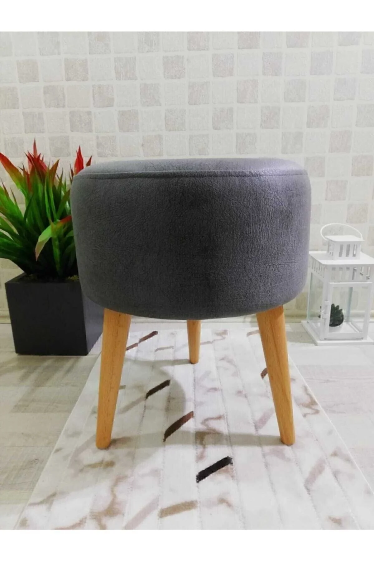 PufyHome Yüksek Ayaklı Gri Dekoratif Puf" Puf Fiyatı