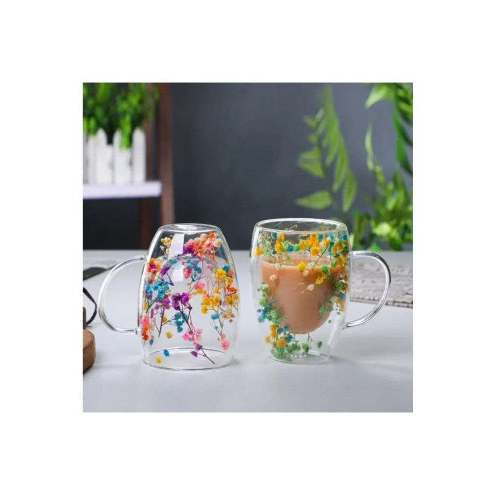 puko home Isıya Dayanıklı Borosilikat Çift Çidarlı Flower Cup Çiçekli Bardak | Çiçekli Kahve Sunum Bardağı Fincan / Bardak / Kahve Takımı Fiyatı