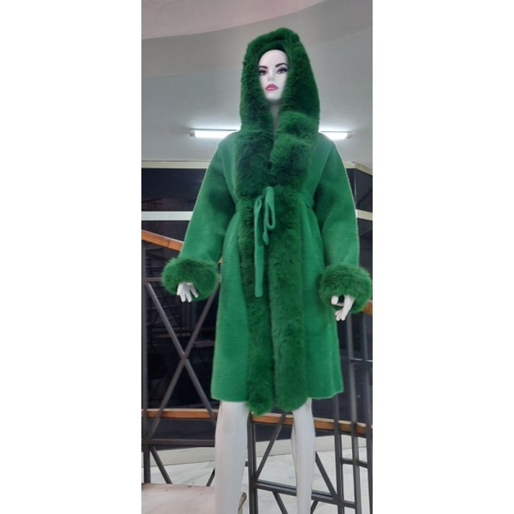 Pula Yakası Kolları Komple Kürklü Kapüşonlu Uzun Angora Kaban (110 Cm) Kadın Giyim Fiyatı