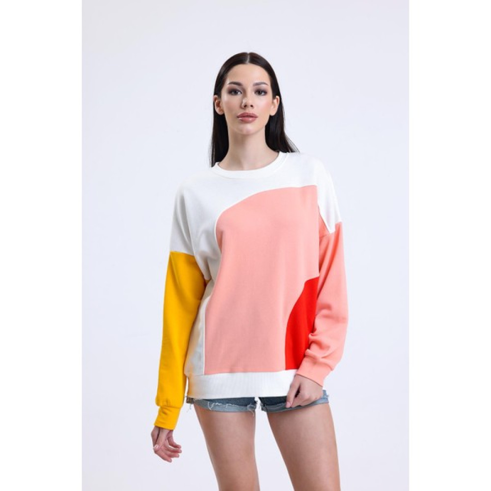 Pulur.co Ekru Parçalı Bisiklet Yaka Sweatshirt Bayan Sweatshirt Fiyatı