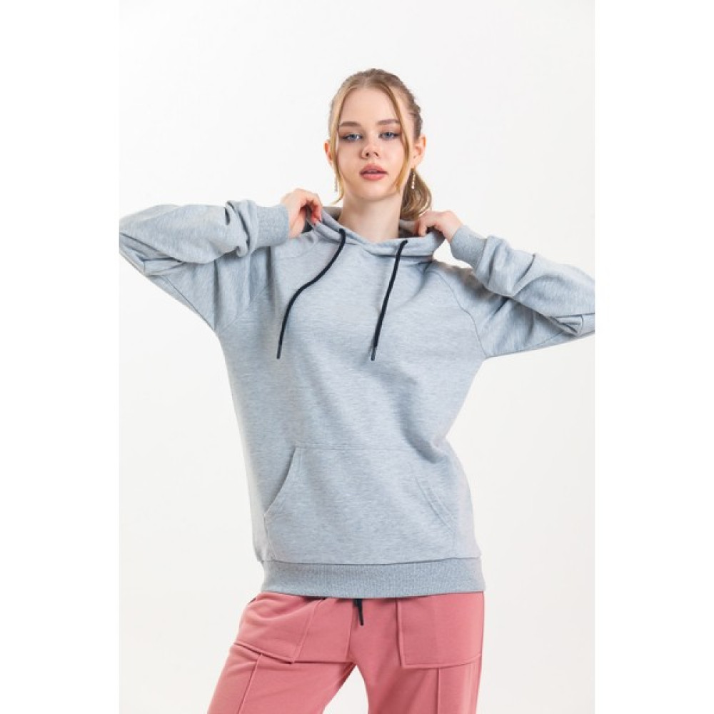 Pulur.co Gri Kapüşonlu Kanguru Cepli Basic Sweatshirt Bayan Sweatshirt Fiyatı