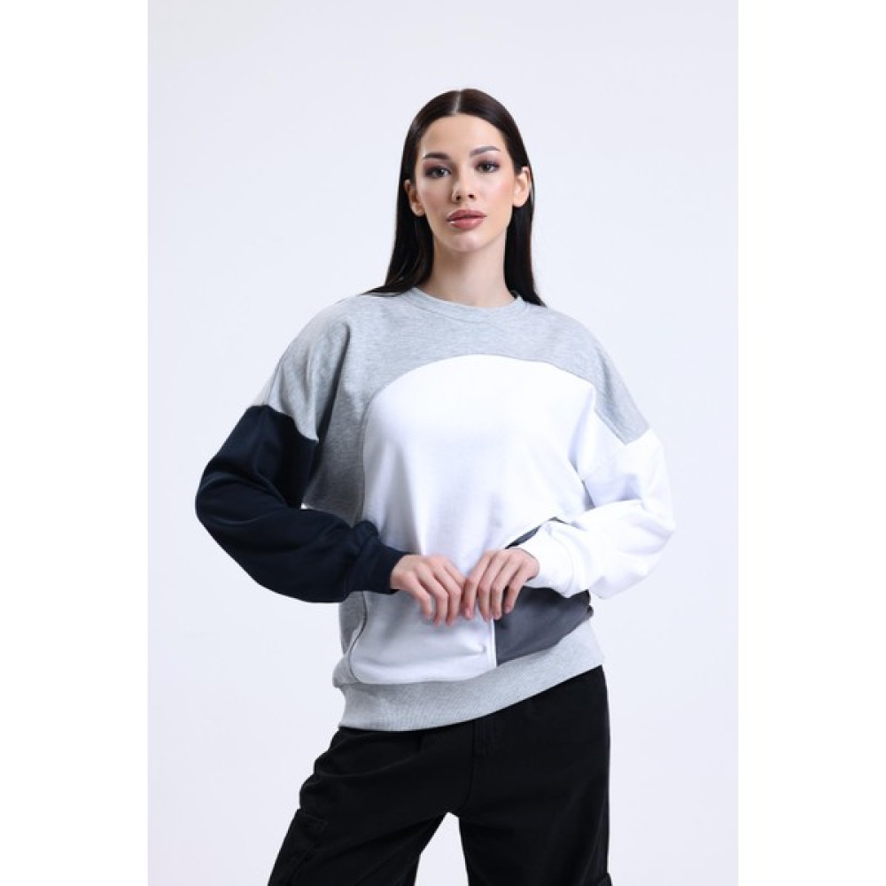 Pulur.co Gri Melanj Parçalı Bisiklet Yaka Sweatshirt Bayan Sweatshirt Fiyatı