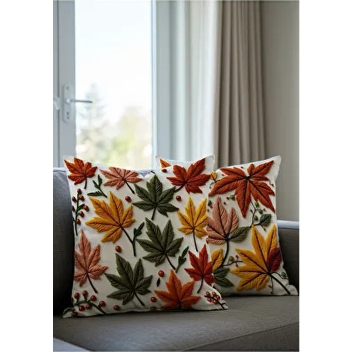 Punch Nakış Desen Dijital Baskılı Sonbahar Temalı Turuncu Sarı Renklerde 2li Kırlent Kılıfı - 43 x 43 cm - Çok Renkli Kırlent / Mobilya Yastığı Fiyatı