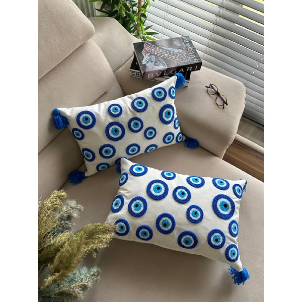 Punch Nakışlı Kırlent Kılıfı - 35 x 50 cm - Açık Mavi - Ekru - Siyah Kırlent / Mobilya Yastığı Fiyatı
