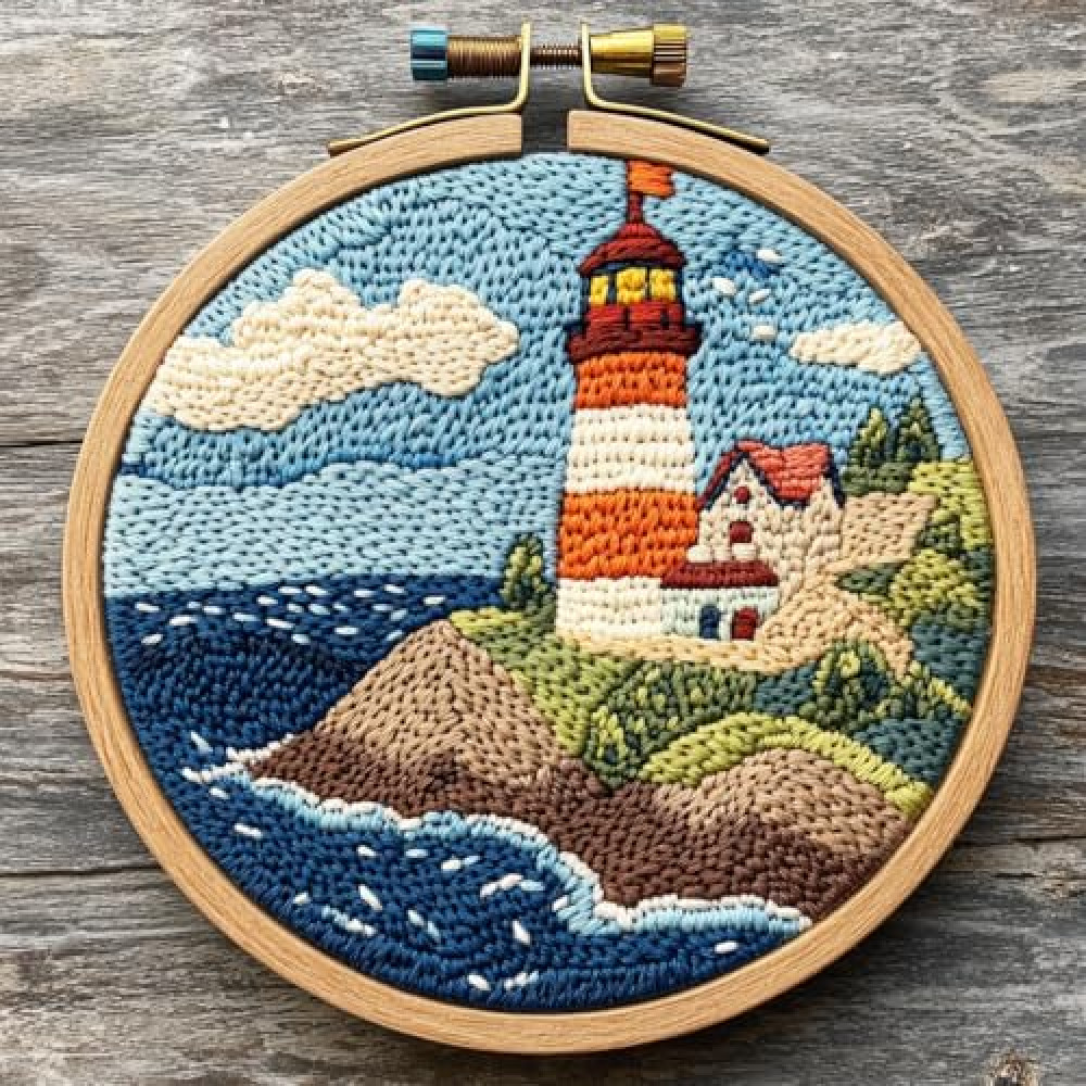 Punch Needle Kits Sea Lighthouse Easy for Beginners DIY Punch Needle Yarn Starter Embroidery Set for Craft Lovers with Printed Pattern and Hoop for Home Decor 20x20cm(2)