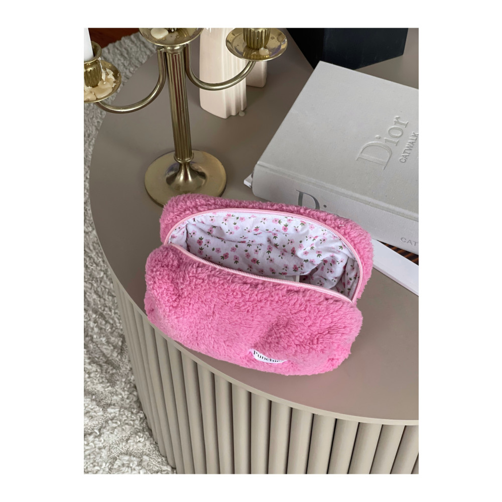 Punchiess Pembe Kürklü Peluş Çiçekli Makyaj Çantası Makyaj Çantası Fiyatı