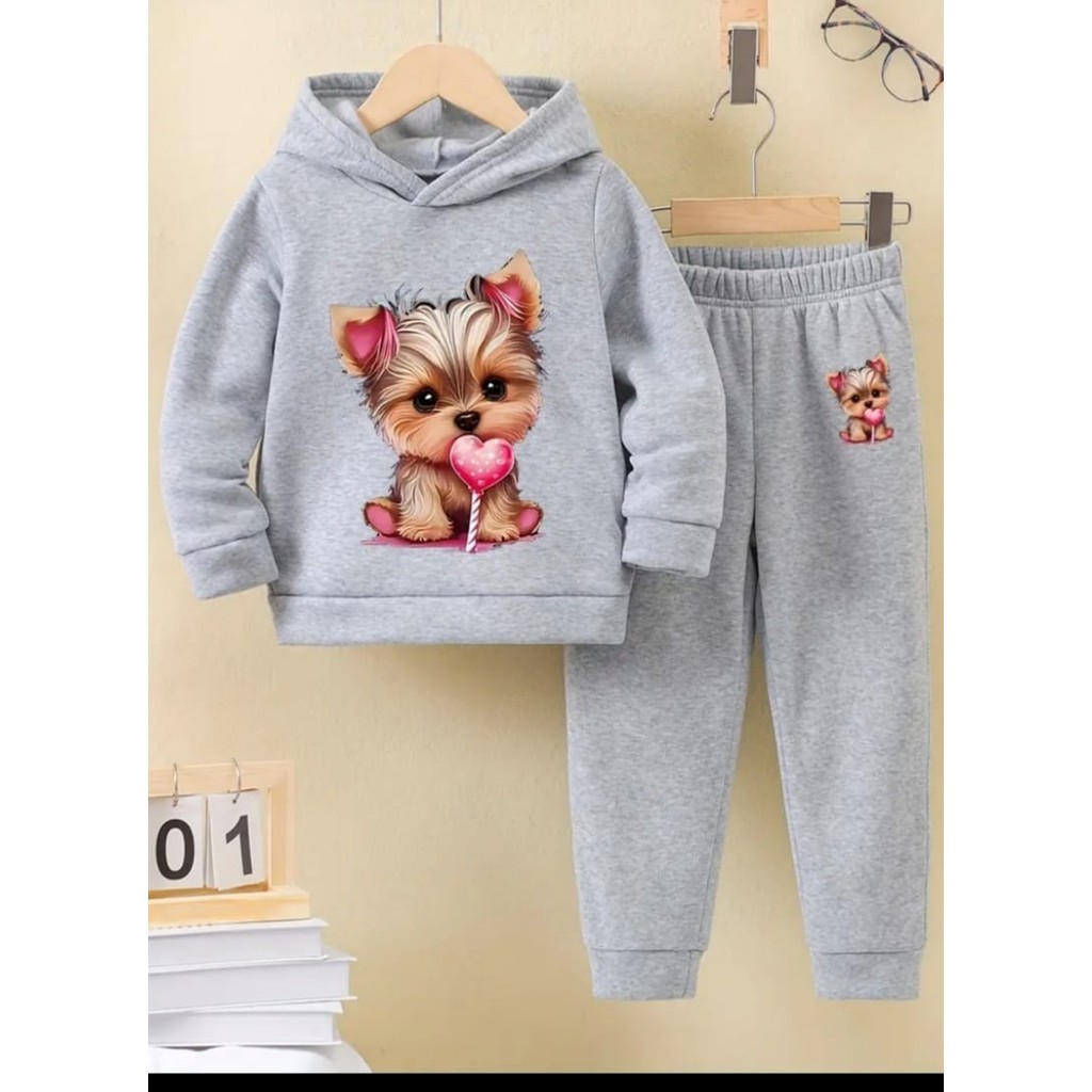 Punix Kids Punıx Kıds Sevimli Şeker Yavru Köpek Baskılı 3 Iplik Kalite Kapüşonlu Kalın Kışlık Trend Kız Çocuk Alt Üst Eşofman Takımı Kız Çocuk Eşofman Fiyatı