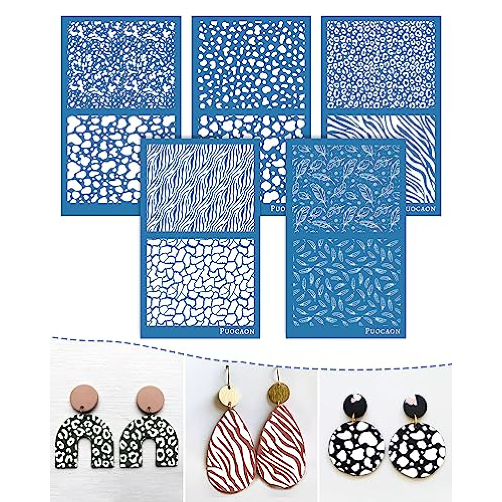 Puocaon Animal Print Silk Screen - 5 Pcs Dalmatians Cow Spot Stencils for Polymer Clay Earrings, Leopard Tiger Zebra Pattern