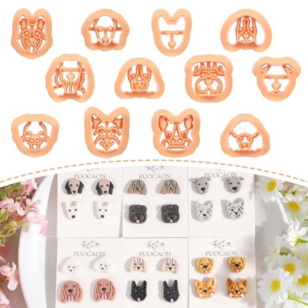Puocaon Animal Stud Clay Cutters - 12 Pcs Dogs Clay Cutters for Polymer Clay Earrings, Cute Puppy Shape Polymer Clay Cutters, Shepherd Dog Datchshund Jewelry Clay Cutters