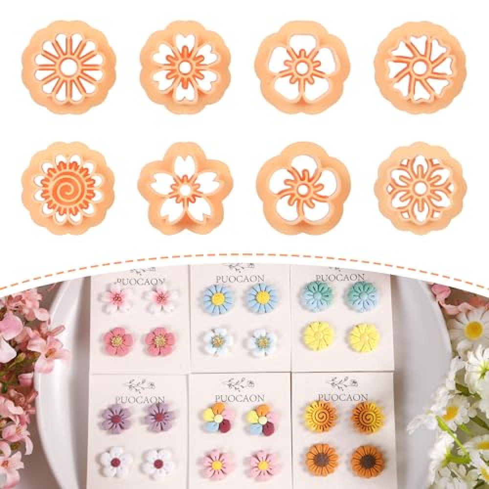 Puocaon Mini Flower Clay Cutters - 8 Pcs Clay Cutters for Polymer Clay Jewelry, Daisy Flower Polymer Clay Earring Cutters, Floral Stud Polymer Clay Cutters, Small Mandala Flower Clay Jewelry Cutters