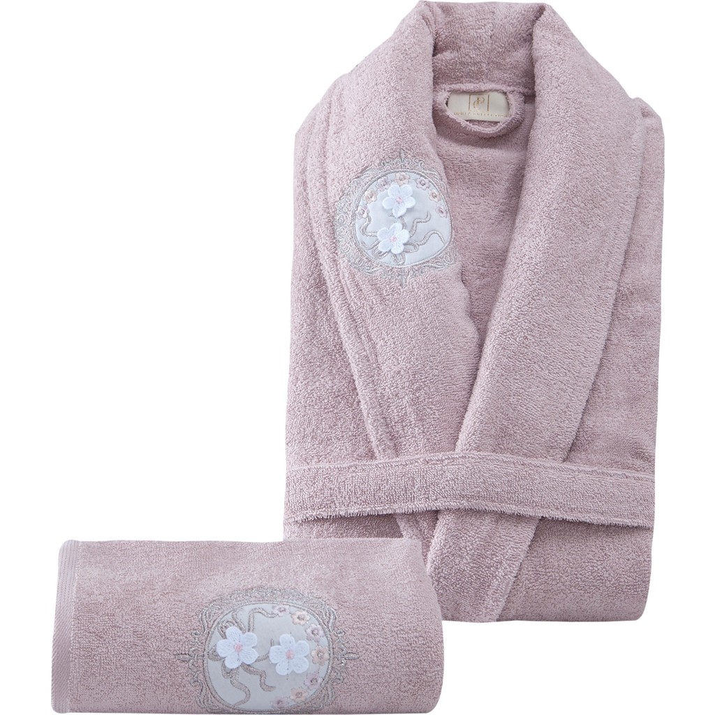 Pupilla Collection 2 Parça Klasik Nakışlı %100 Pamuk Çift Çiçek Kadın Bornoz Seti - Gülkurusu - Standart Diğer Fiyatı