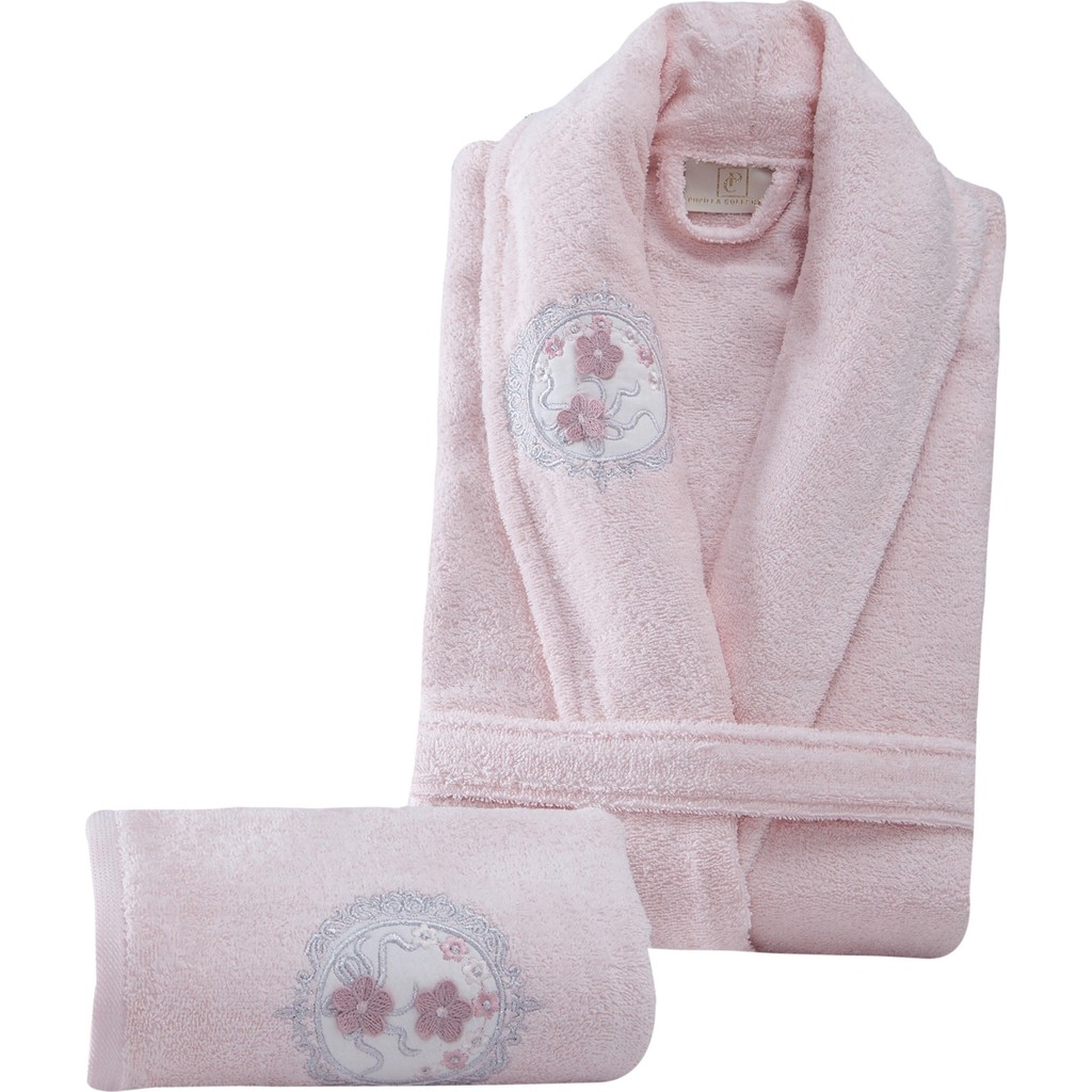 Pupilla Collection 2 Parça Klasik Nakışlı %100 Pamuk Çift Çiçek Kadın Bornoz Seti - Somon - Standart Diğer Fiyatı