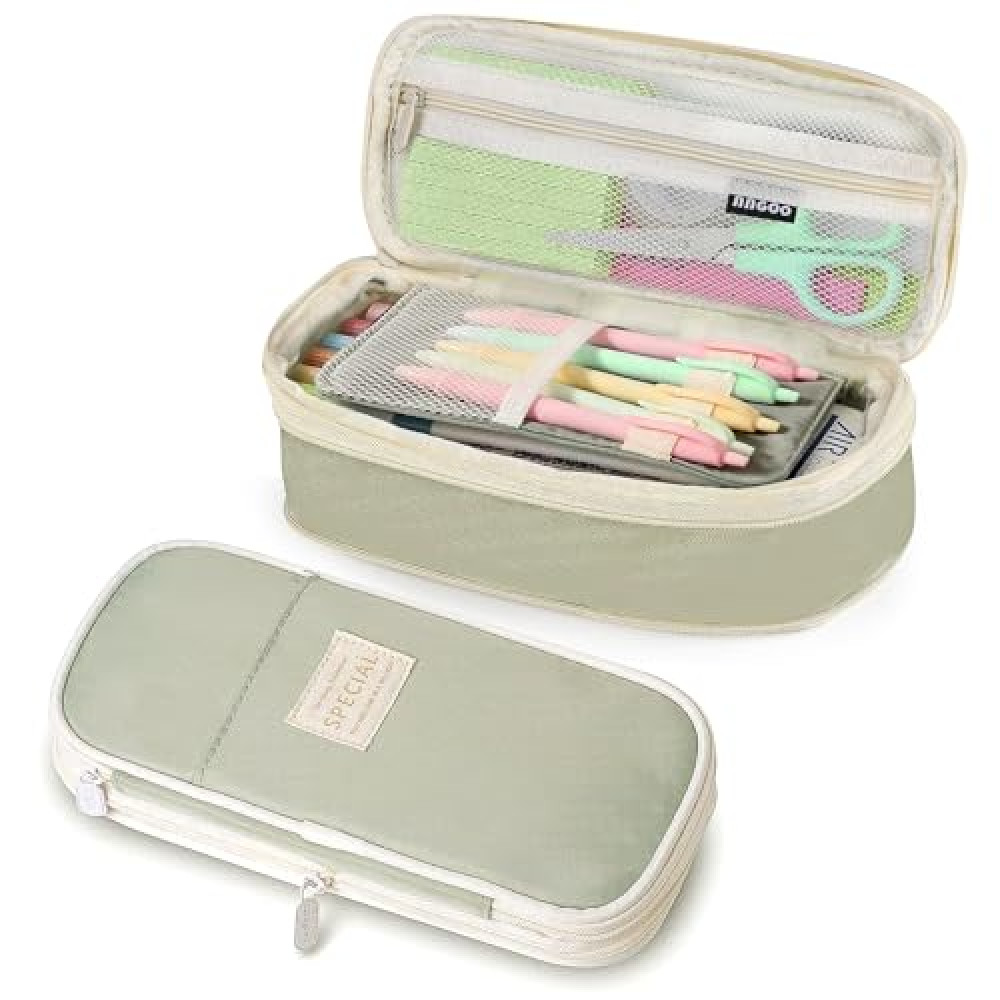 PUPTILY Pencil Case, Large Capacity Aesthetic Pencil Cases with Durable Zipper, Big Stationery Pencil Pouch for Women & Men, Adults Portable Storage Organizer Bag for College, Office, Travel (Green)