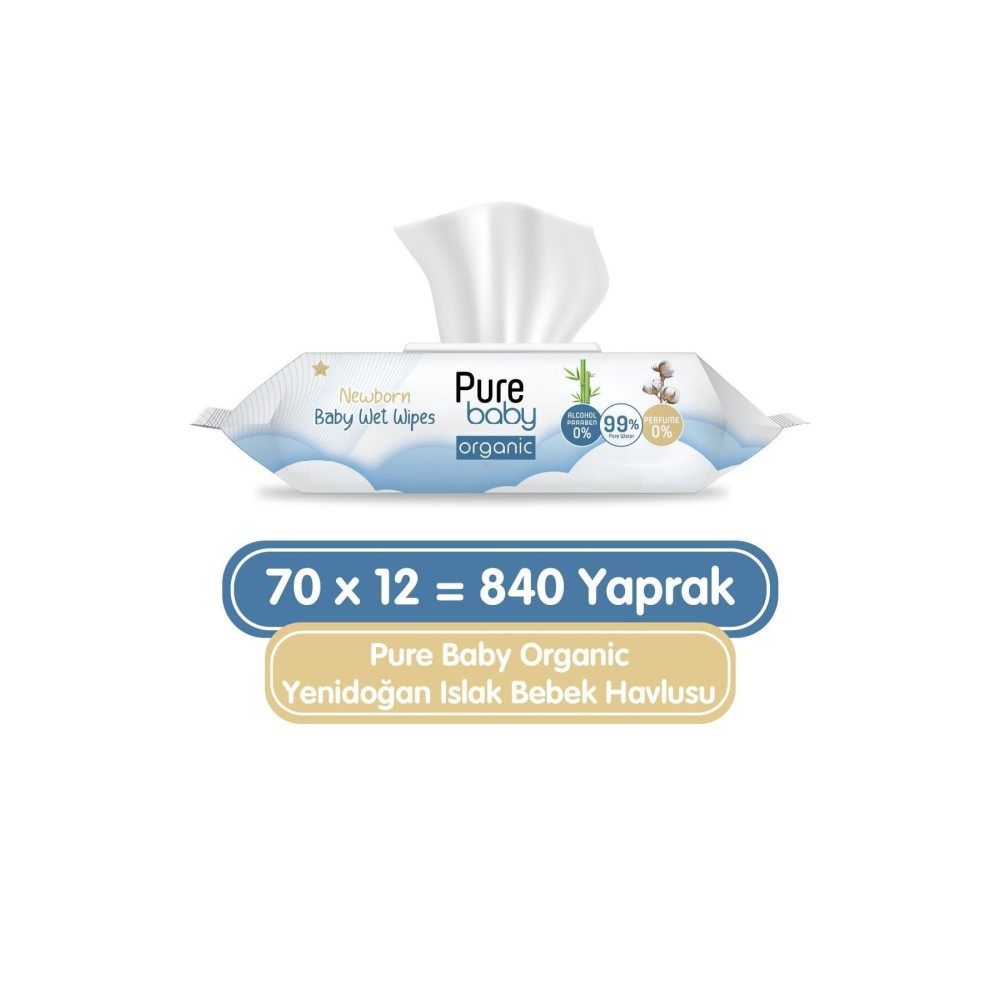 Pure Baby Organic Yenidoğan Islak Havlu 12x70 (840 Yaprak) Bebek Mendil-Islak Mendil Fiyatı