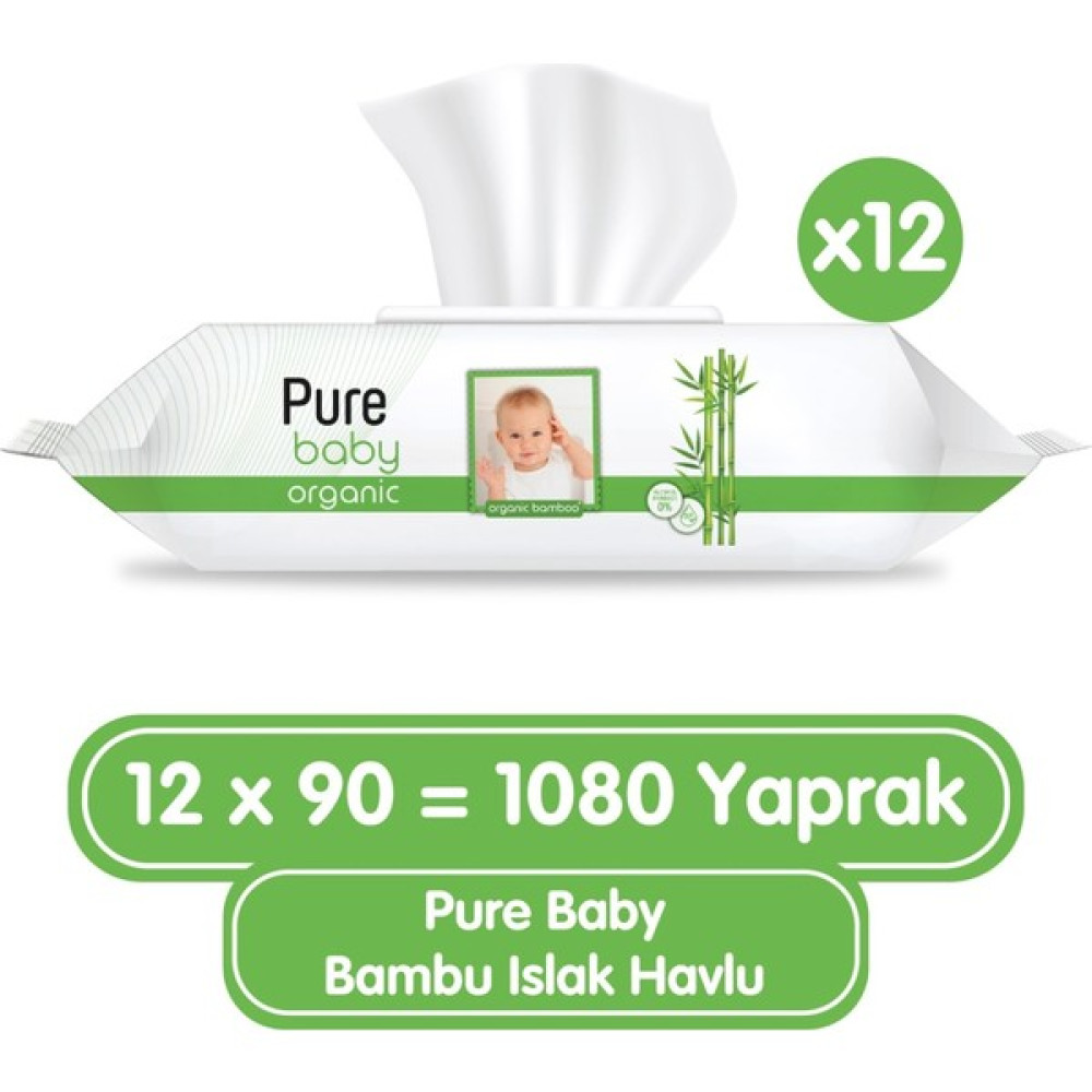 Pure Baby Organik Bambu Özlü Islak Havlu 12 x 90 1080 Yaprak Bebek Bakım Fiyatı