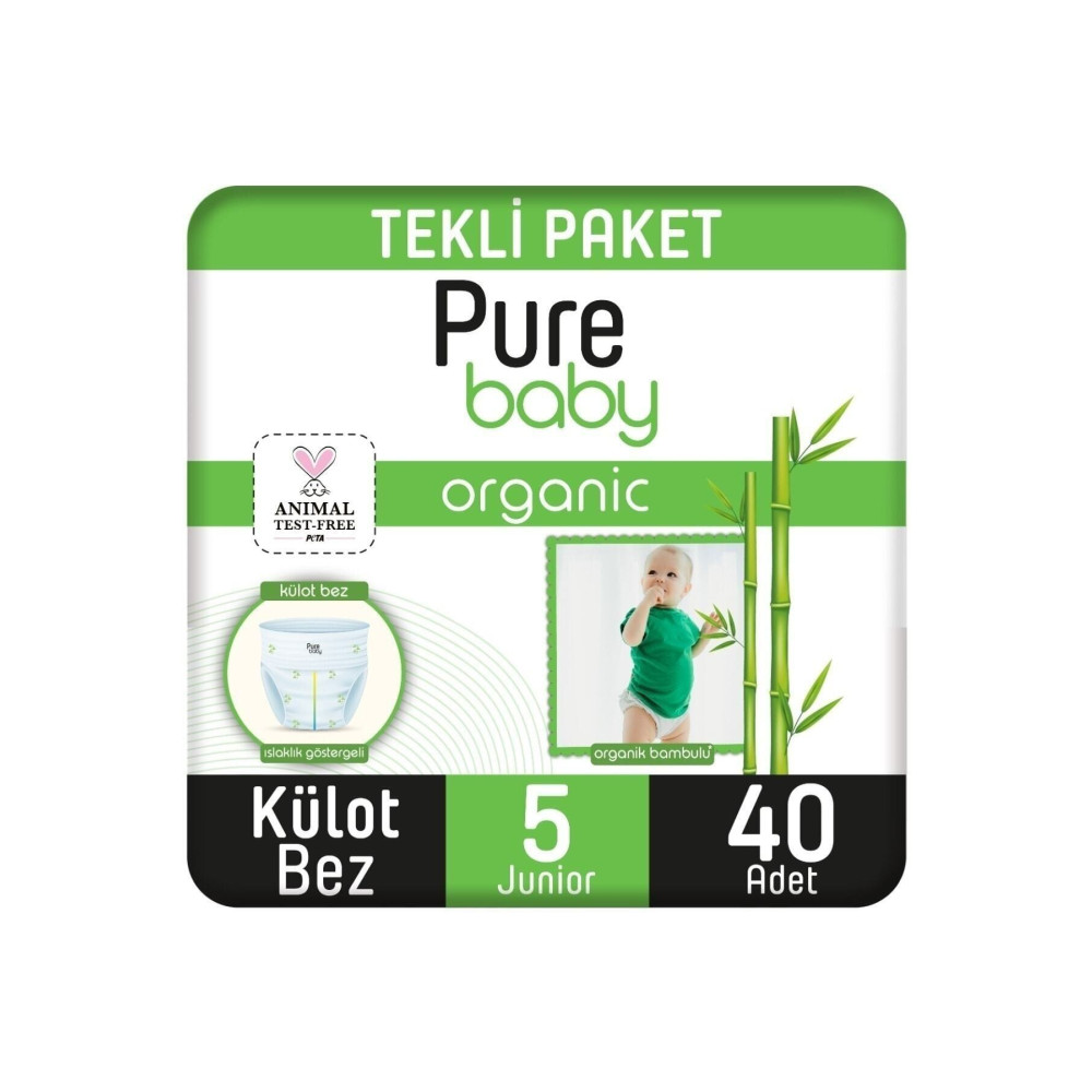 Pure Baby Organik Bambu Özlü Külot Bez Tekli Paket 5 Numara Junior 40 Adet Bebek Bezi Fiyatı