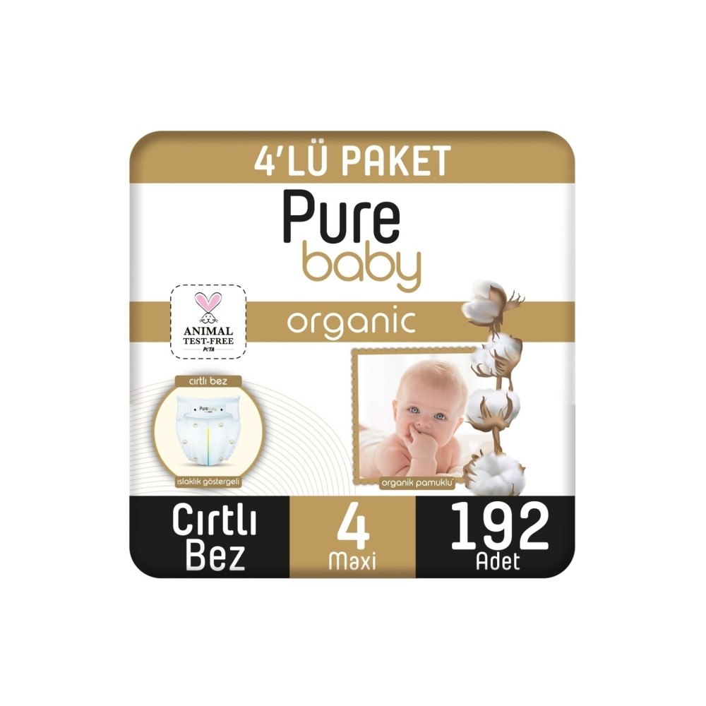 Pure Baby Organik Pamuklu Cırtlı Bebek Bezi Maxi 4 No 192li Bebek Bezi Fiyatı