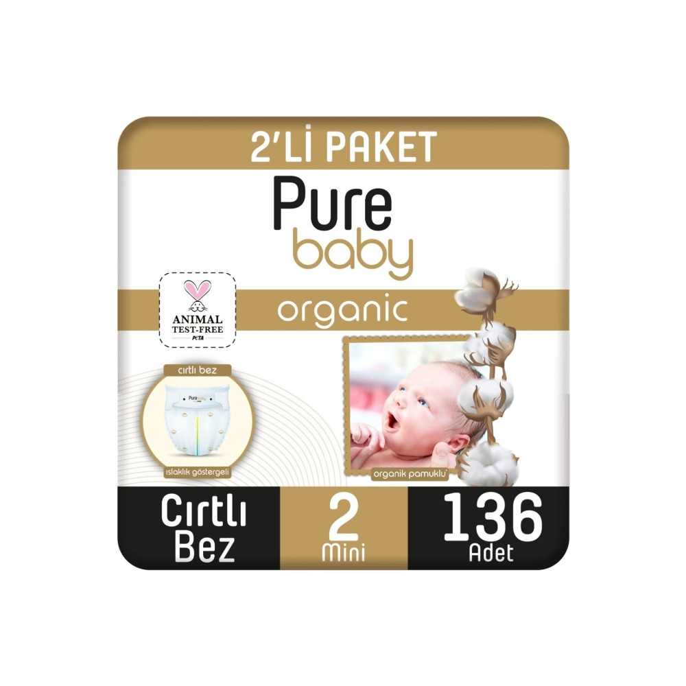 Pure Baby Organik Pamuklu Cırtlı Bez 2li Paket 2 Numara Mini 136 Adet Bebek Bezi Fiyatı