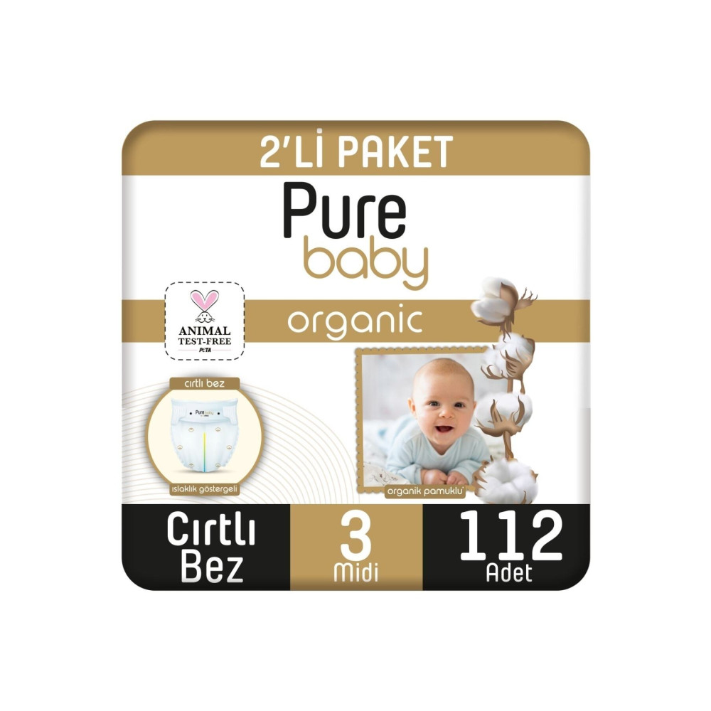 Pure Baby Organik Pamuklu Cırtlı Bez 2li Paket 3 Numara Midi 112 Adet Bebek Bezi Fiyatı