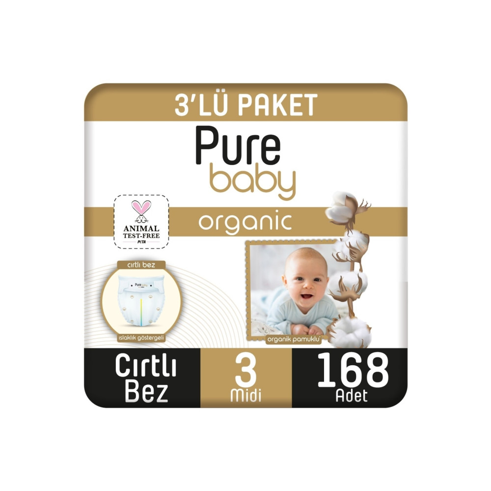 Pure Baby Organik Pamuklu Cırtlı Bez 3lü Paket 3 Numara Midi 168 Adet Bebek Bezi Fiyatı