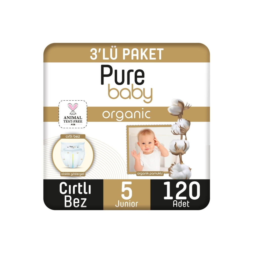 Pure Baby Organik Pamuklu Cırtlı Bez 3Lü Paket 5 Numara Junior 120 Adet Bebek Bezi Fiyatı