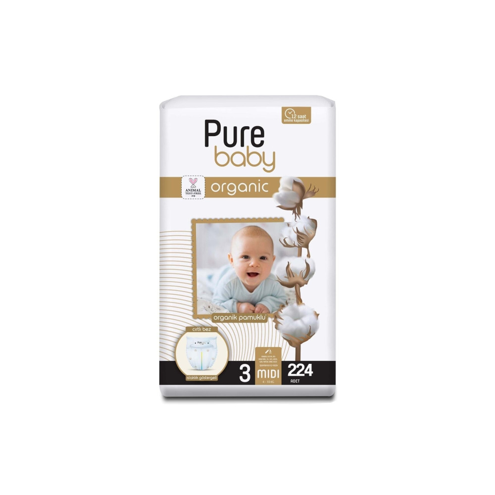 Pure Baby Organik Pamuklu Cırtlı Bez 4lü Paket 3 Numara Midi 224 Adet Bebek Bezi Fiyatı