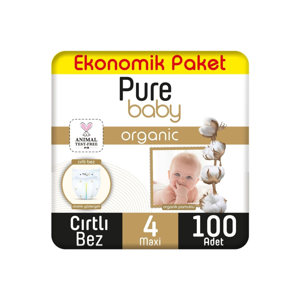 Pure Baby Organik Pamuklu Cırtlı Bez Ekonomik Paket 4 Numara Maxi 100 Adet Bebek Bezi Fiyatı