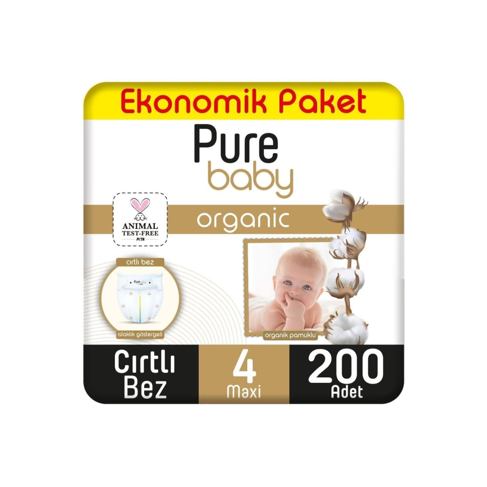 Pure Baby Organik Pamuklu Cırtlı Bez Ekonomik Paket 4 Numara Maxi 200 Adet Bebek Bezi Fiyatı