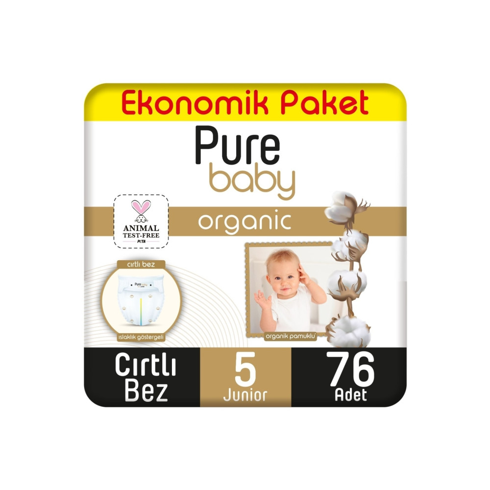Pure Baby Organik Pamuklu Cırtlı Bez Ekonomik Paket 5 Numara Junior 76 Adet Bebek Bezi Fiyatı