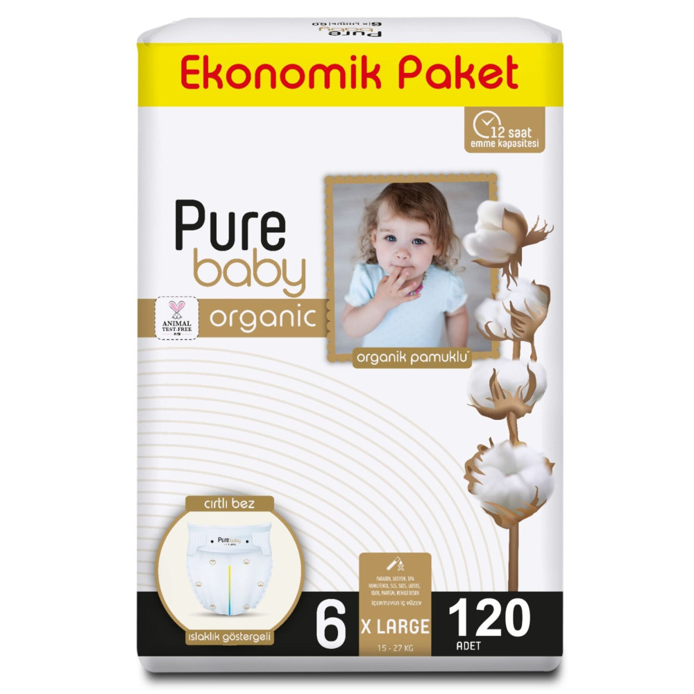 Pure Baby Organik Pamuklu Cırtlı Bez Ekonomik Paket 6 Numara Maxi 120 Adet Bebek Bezi Fiyatı