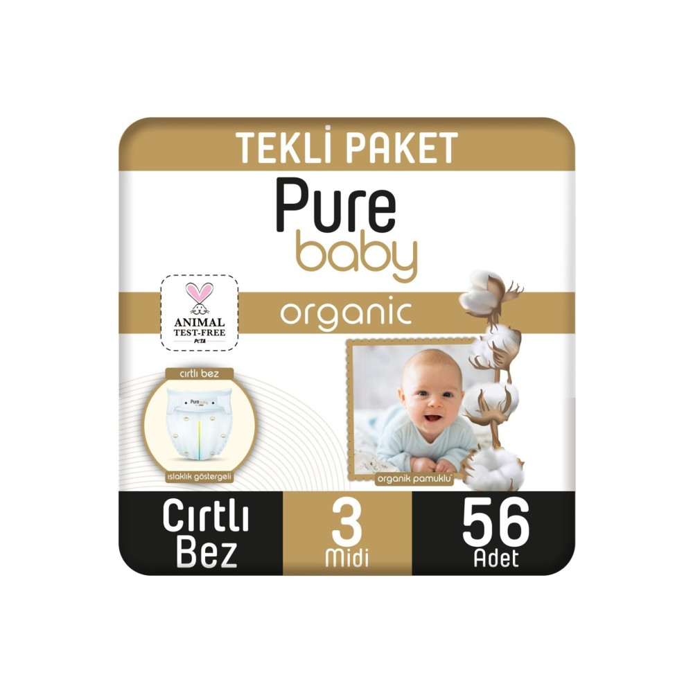 Pure Baby Organik Pamuklu Cırtlı Bez Tekli Paket 3 Numara Midi 56 Adet Bebek Bezi Fiyatı