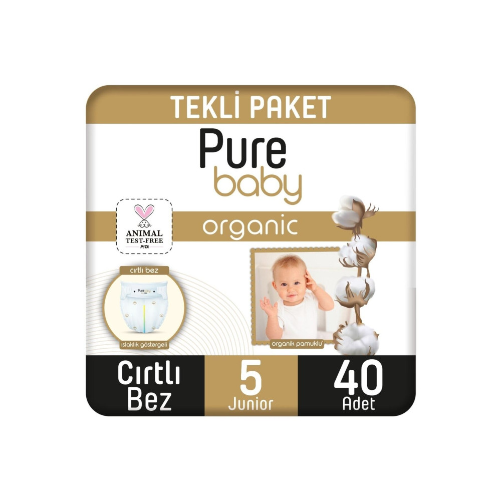 Pure Baby Organik Pamuklu Cırtlı Bez Tekli Paket 5 Numara Junior 40 Adet Bebek Bezi Fiyatı