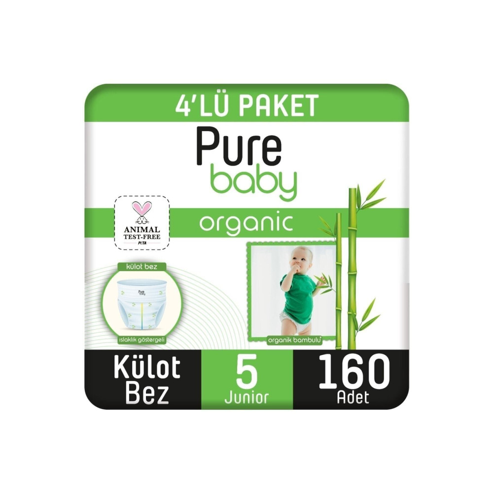 Pure Baby Organik Pamuklu Külot Bez 4lü Paket 5 Numara Junior 160 Adet Bebek Bezi Fiyatı