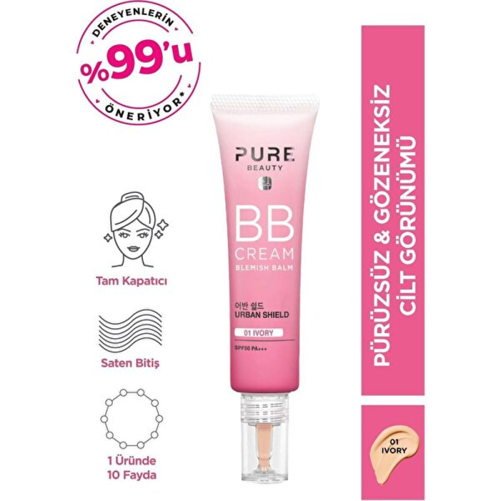 Pure Beauty Bb Krem SPF50 Pa+++ Ivory 30 ml Ton Eşitleyici Koruyucu Güneş Kremi Güneş Kremleri ve Losyonları Fiyatı