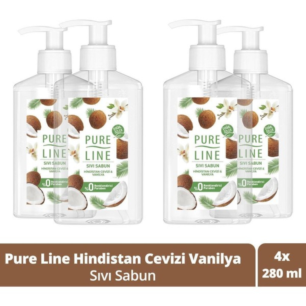 Pure Line Doğal Özler ile Sıvı Sabun Hindistan Cevizi & Vanilya 280 ml X4 El Bakımı Fiyatı