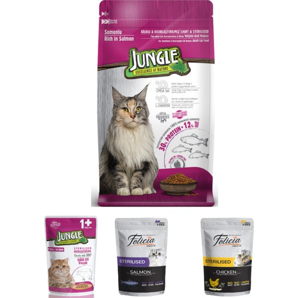 Purecanpati Jungle Somonlu Sterilised Kısır Kedi Maması 1,5 Kg+Tavuklu,somonlu,sığır Etli Kedi Ödülleri(Felicia,jungle) Evcil Hayvan Ürünleri Fiyatı