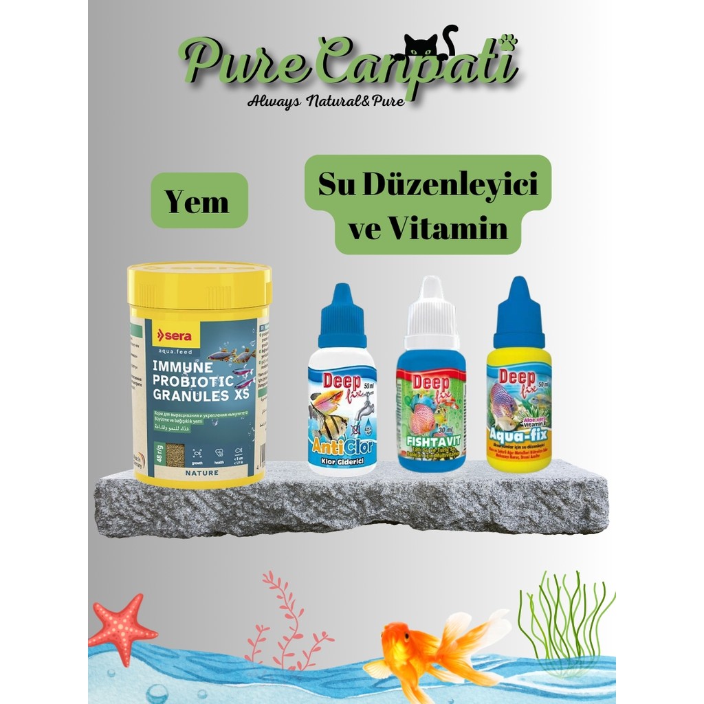 Purecanpati Probiotic Granül Balık Yemi Seti – Akvaryum Vitamin Damlası + Klor Giderici + Su Düzenleyici - 1 Evcil Hayvan Ürünleri Fiyatı