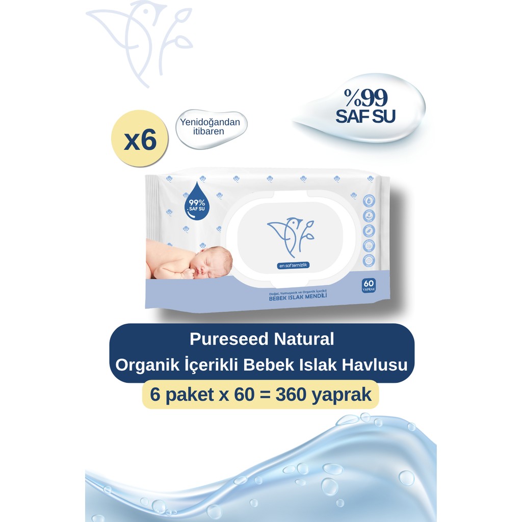 Pureseed Natural Organik İçerikli Bebek Islak Havlusu 6X60 Yaprak Kokusuz Hassas Temizlik Diğer Fiyatı