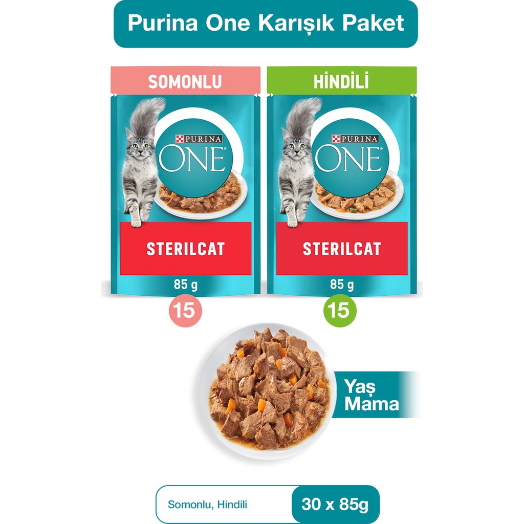 Purına One Sterilcat Yaş Kısırlaştırılmış Kedi Maması 30'lu Karma Paket (Somon 15X85G, Hindi 15X85G) Evcil Hayvan Ürünleri Fiyatı