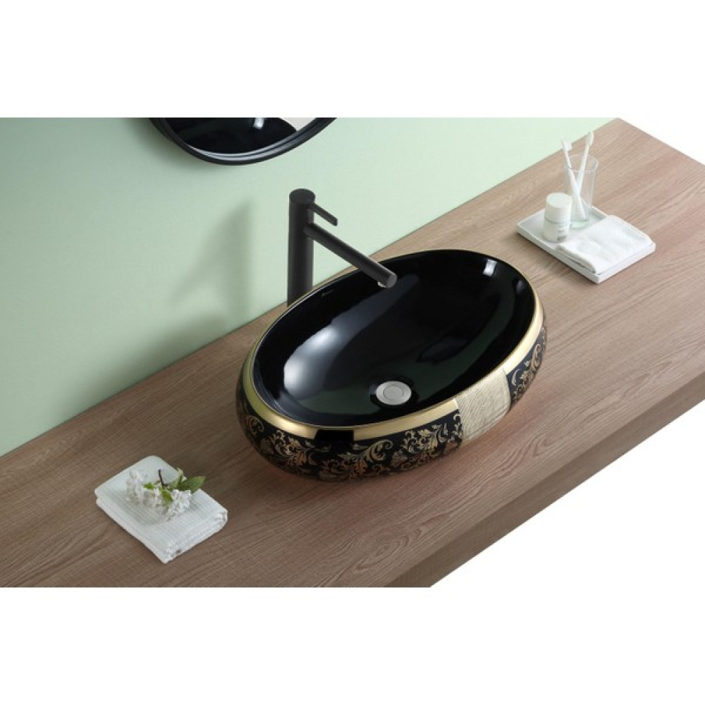 Puroser Flower Black Gold Tezgah Üstü Seramik Lavabo Lavabo Fiyatı