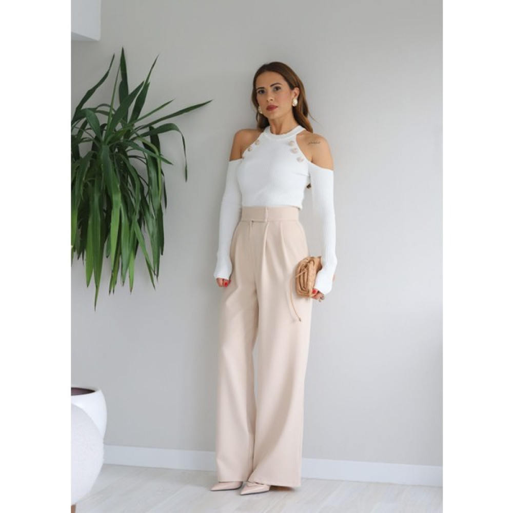 Purple By Banu Beige Bel Cırt Cırt Detay Bol Paça Pantolon Kadın Pantolon Fiyatı